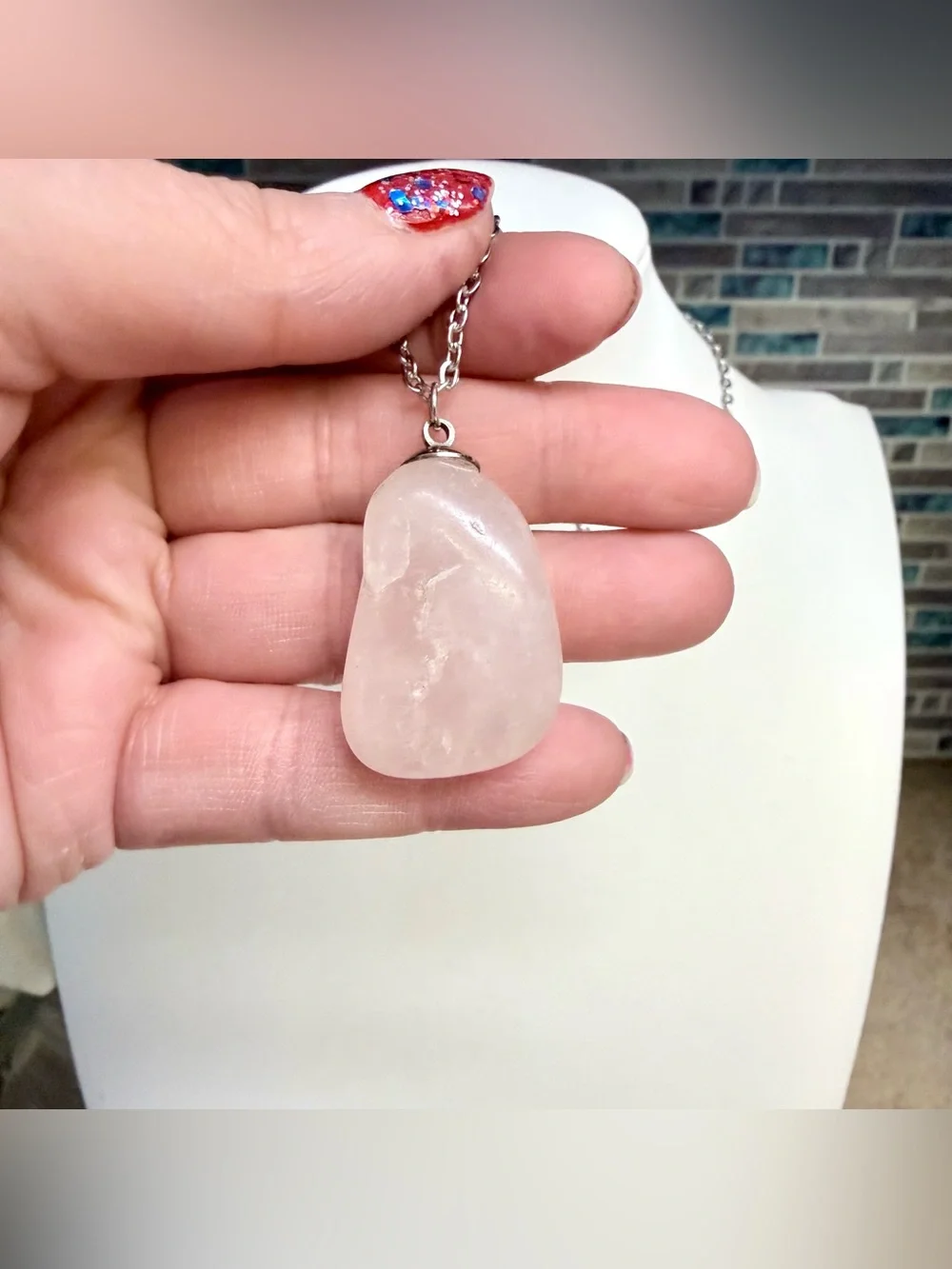 Pale pink rose quartz crystal necklace